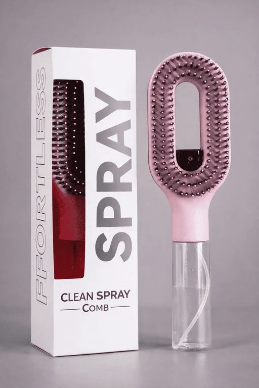 Pink cleaning comb with clear bottle and white box labeled 'Fleorless' on a gray background