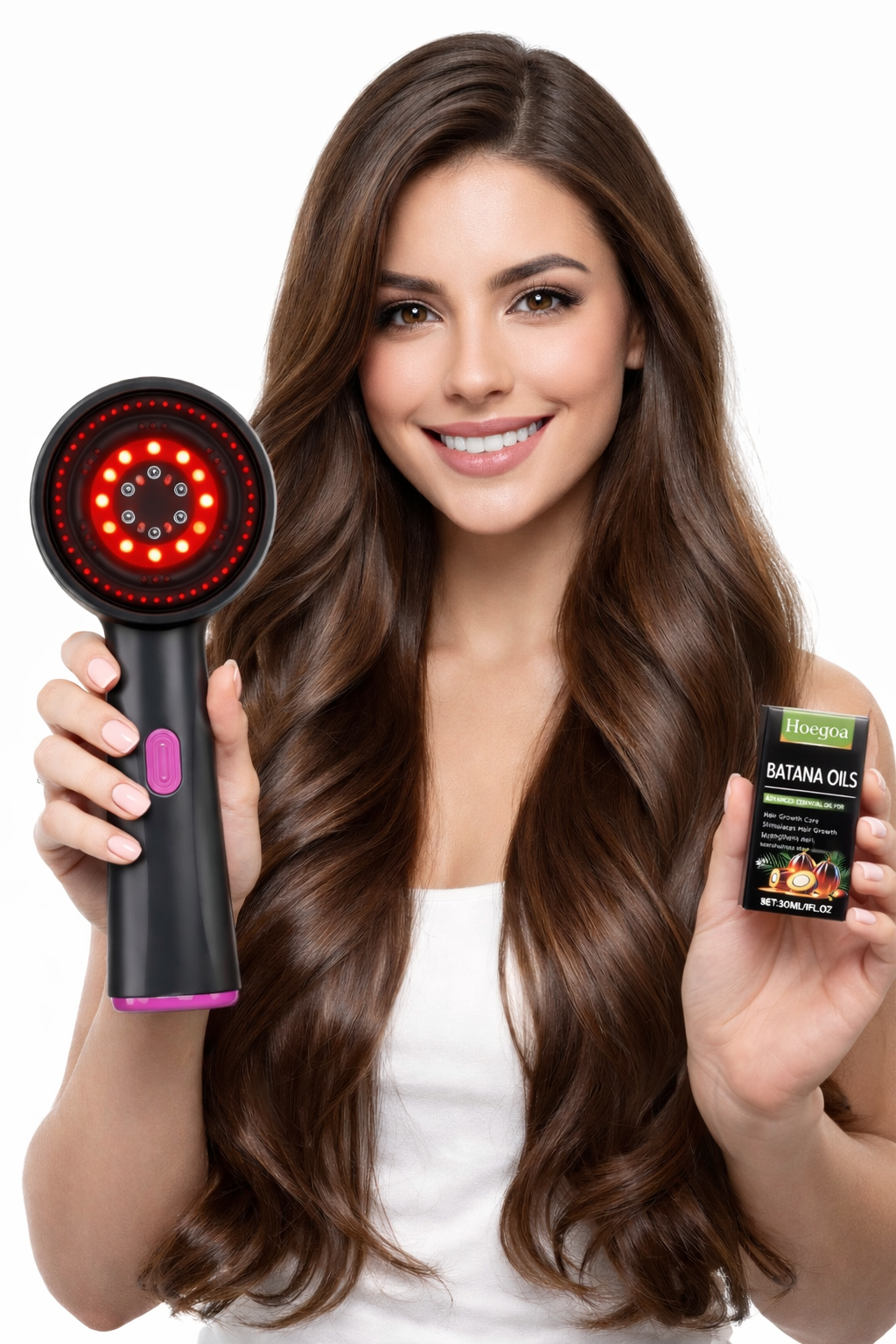 Woman holding a hair treatment device and a bottle of Biotin Oils on a white background