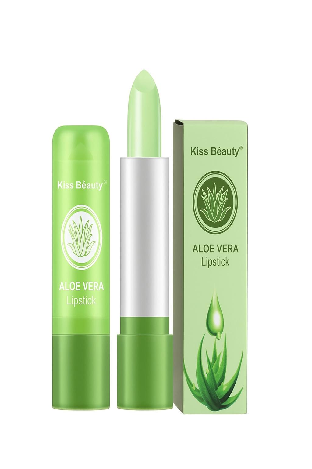 Green aloe vera lipstick and packaging on a white background