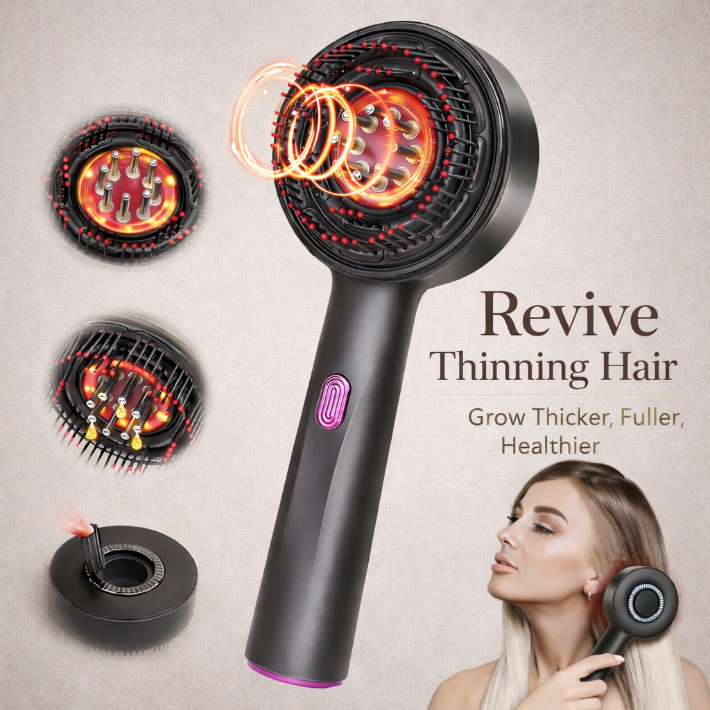 Hair styling tool with interchangeable nozzles and promotional text on a neutral background