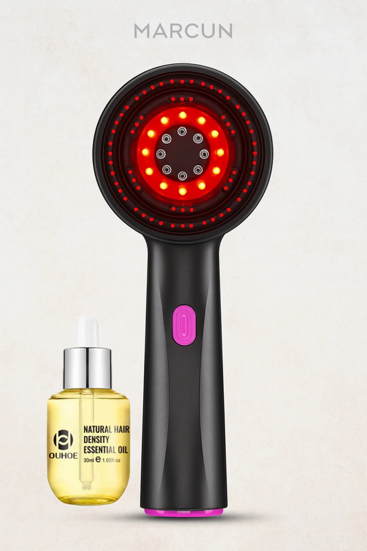 Black handheld device with red LED lights and a bottle of DUHE product on a light gray background.