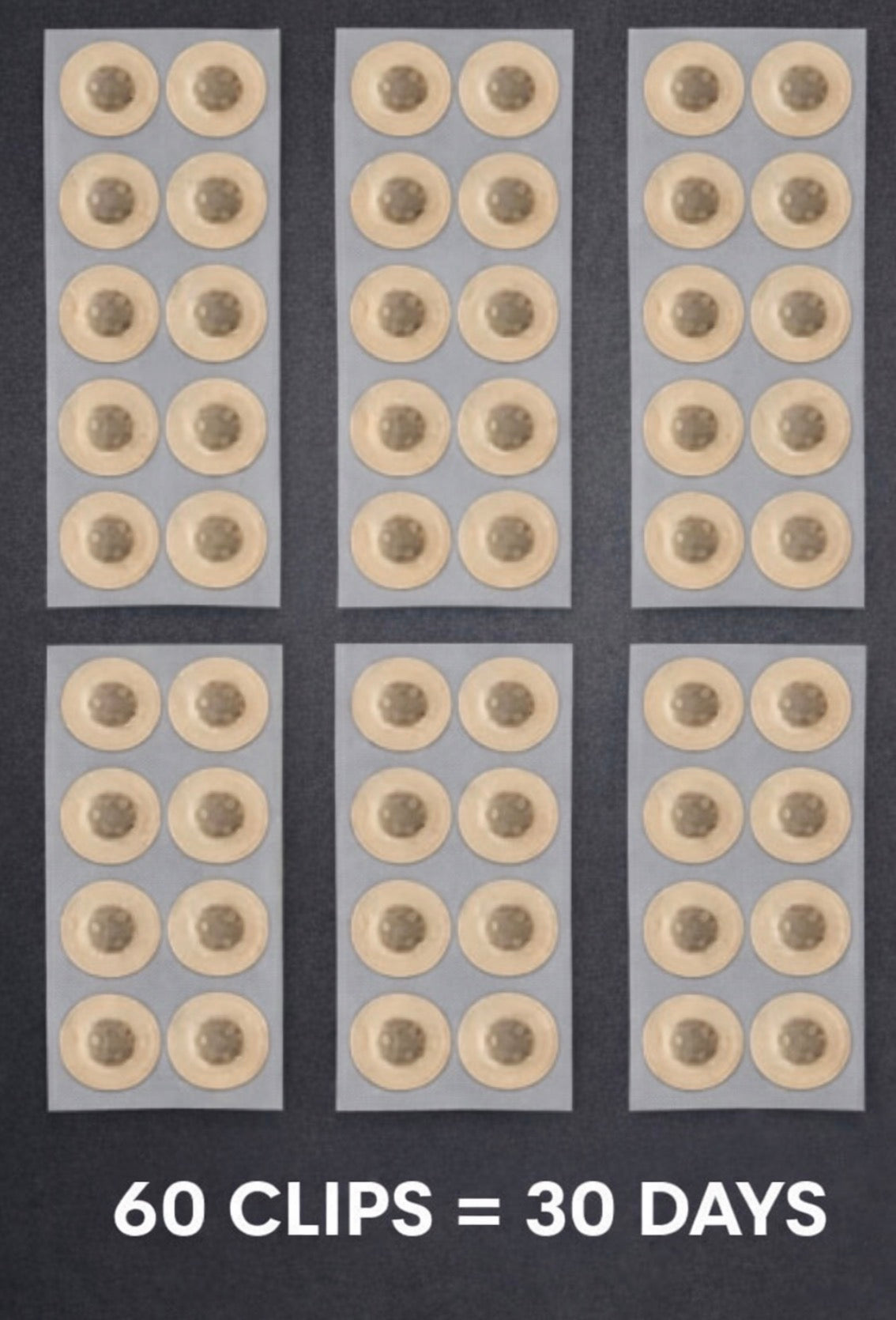 Six rows of small circular clips on a dark background with text indicating 60 clips equal 30 days.