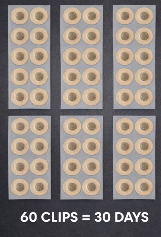 Six rows of small circular clips on a dark background with text indicating 60 clips equal 30 days.