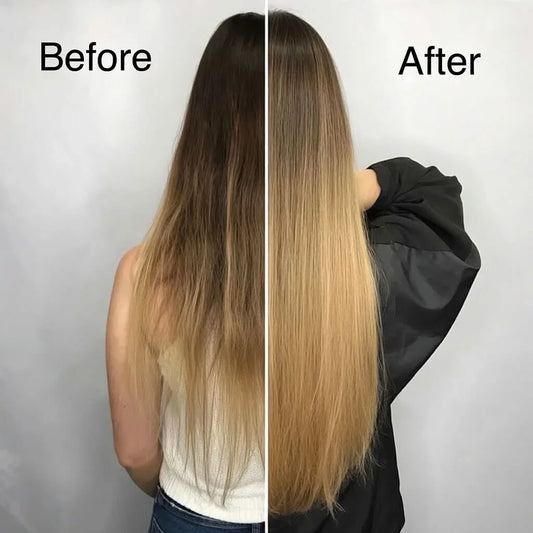 Before and after comparison of hair color transformation with a person holding a black jacket.