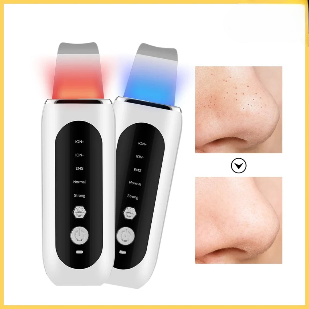 Ultrasonic skin scrubber with red and blue LED light modes