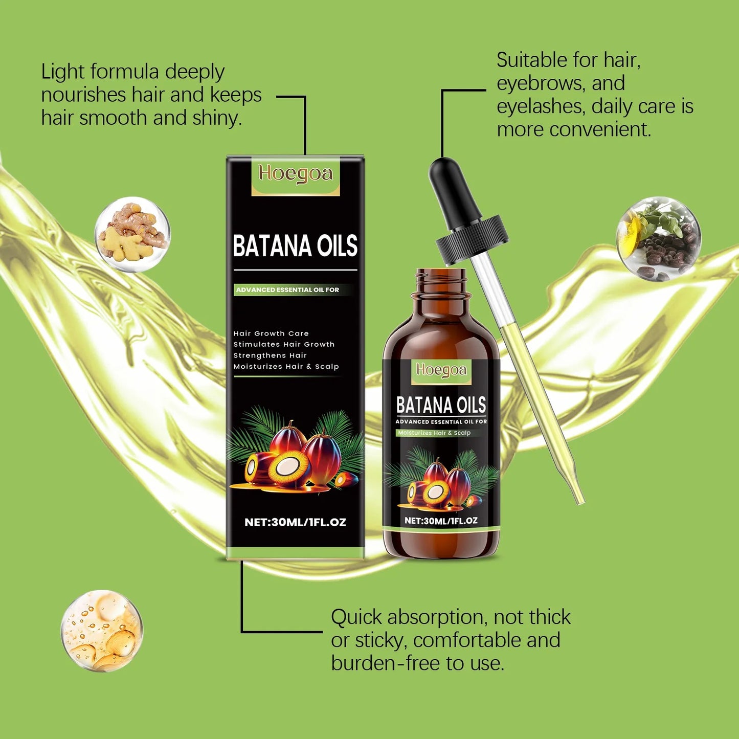 Batana Oils packaging with dropper bottle on a green background