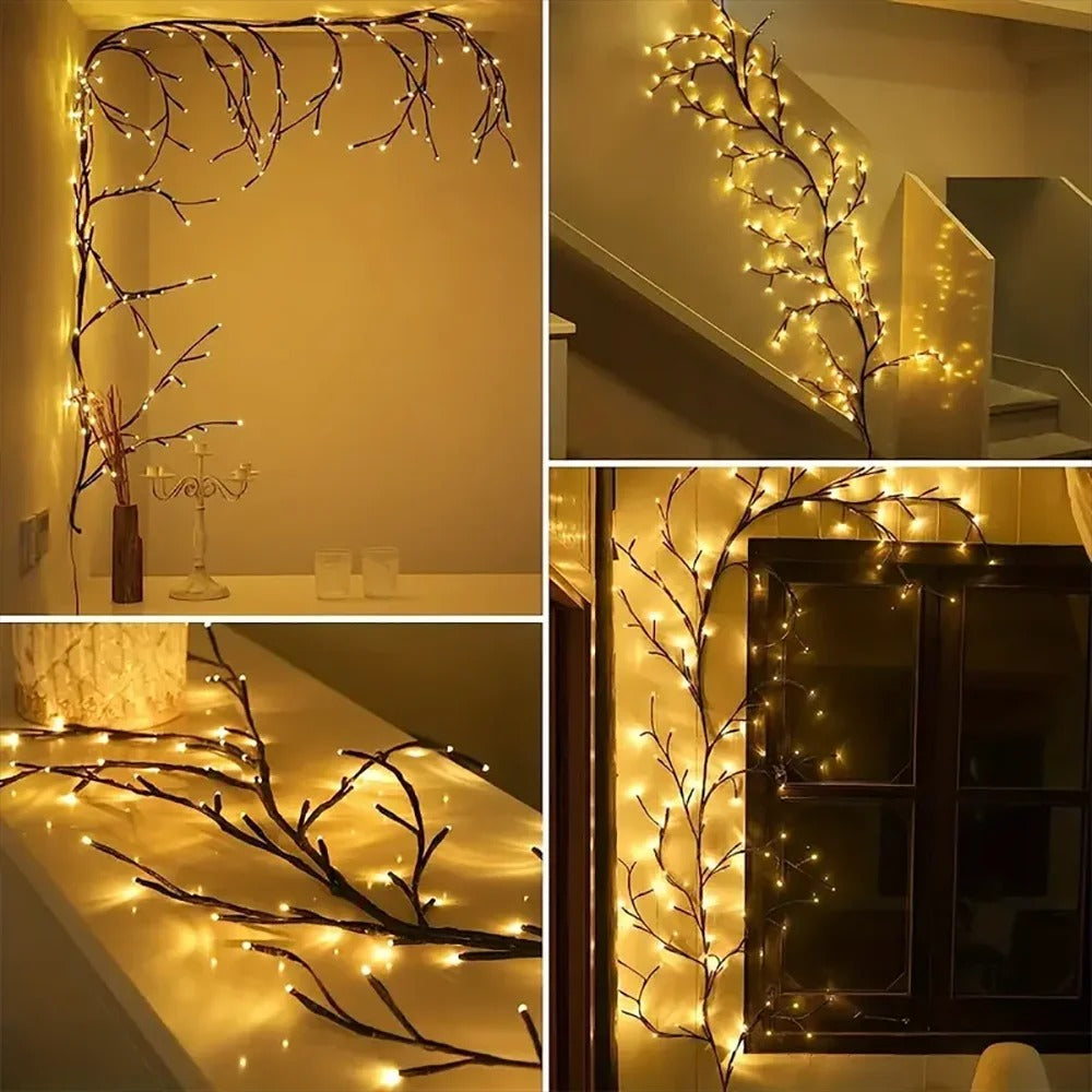 Decorative branches with string lights in various indoor settings