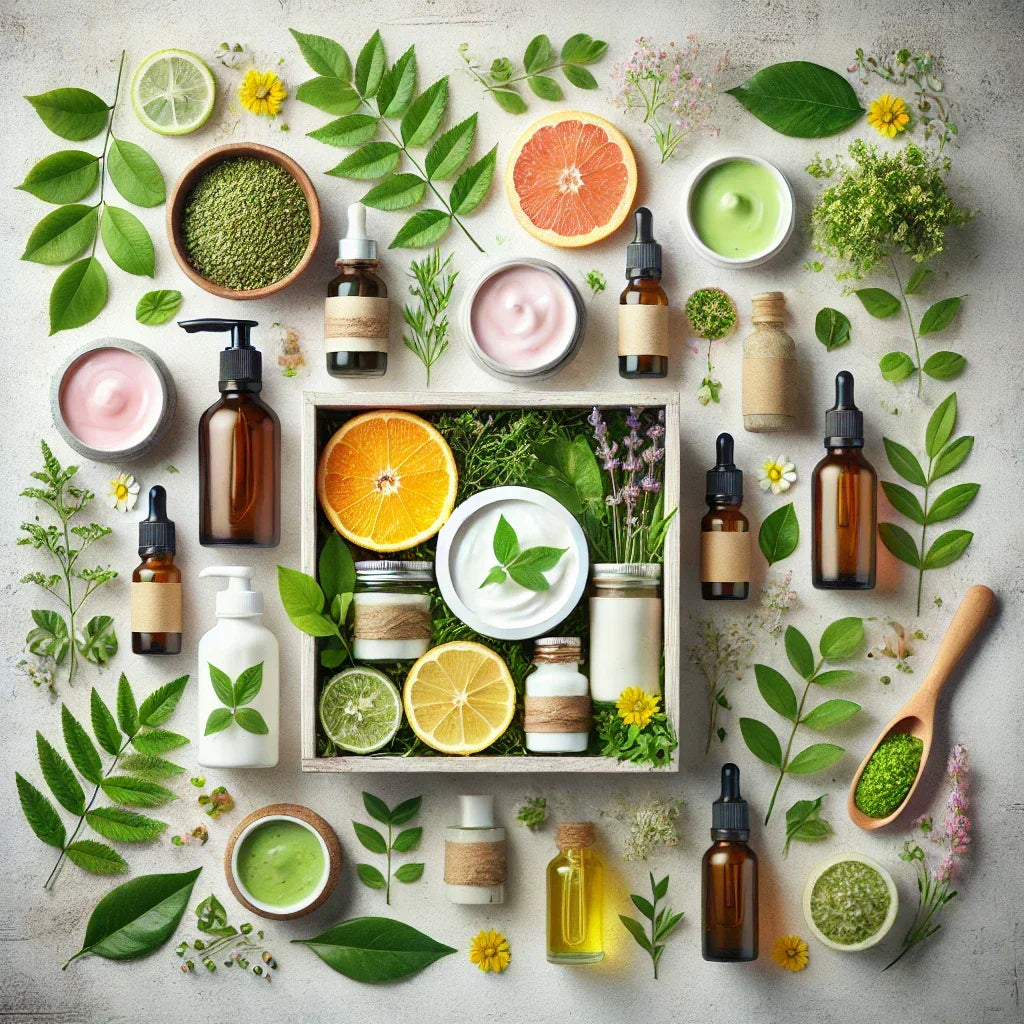 Natural beauty and wellness products, citrus fruits, and green leaves on a flat lay, Marcun