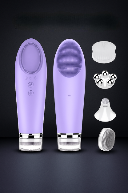 Purple skincare device with multiple attachments on a dark background