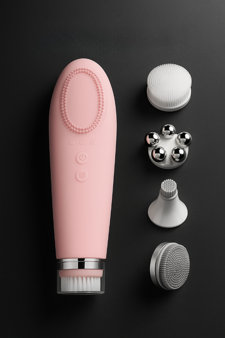 Pink electronic device with attachments on a black background