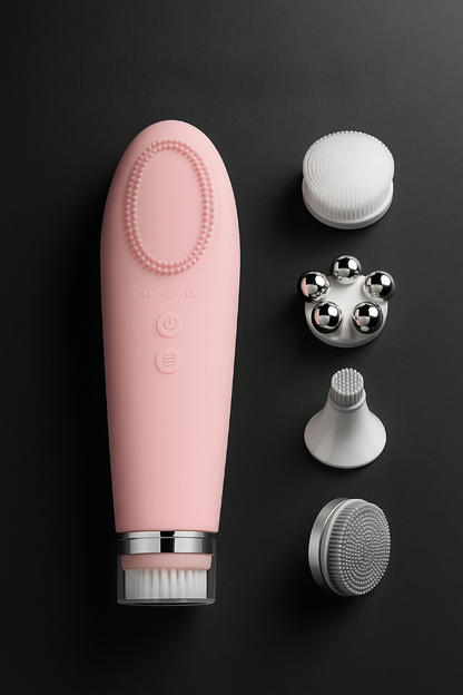 Pink electronic device with attachments on a black background