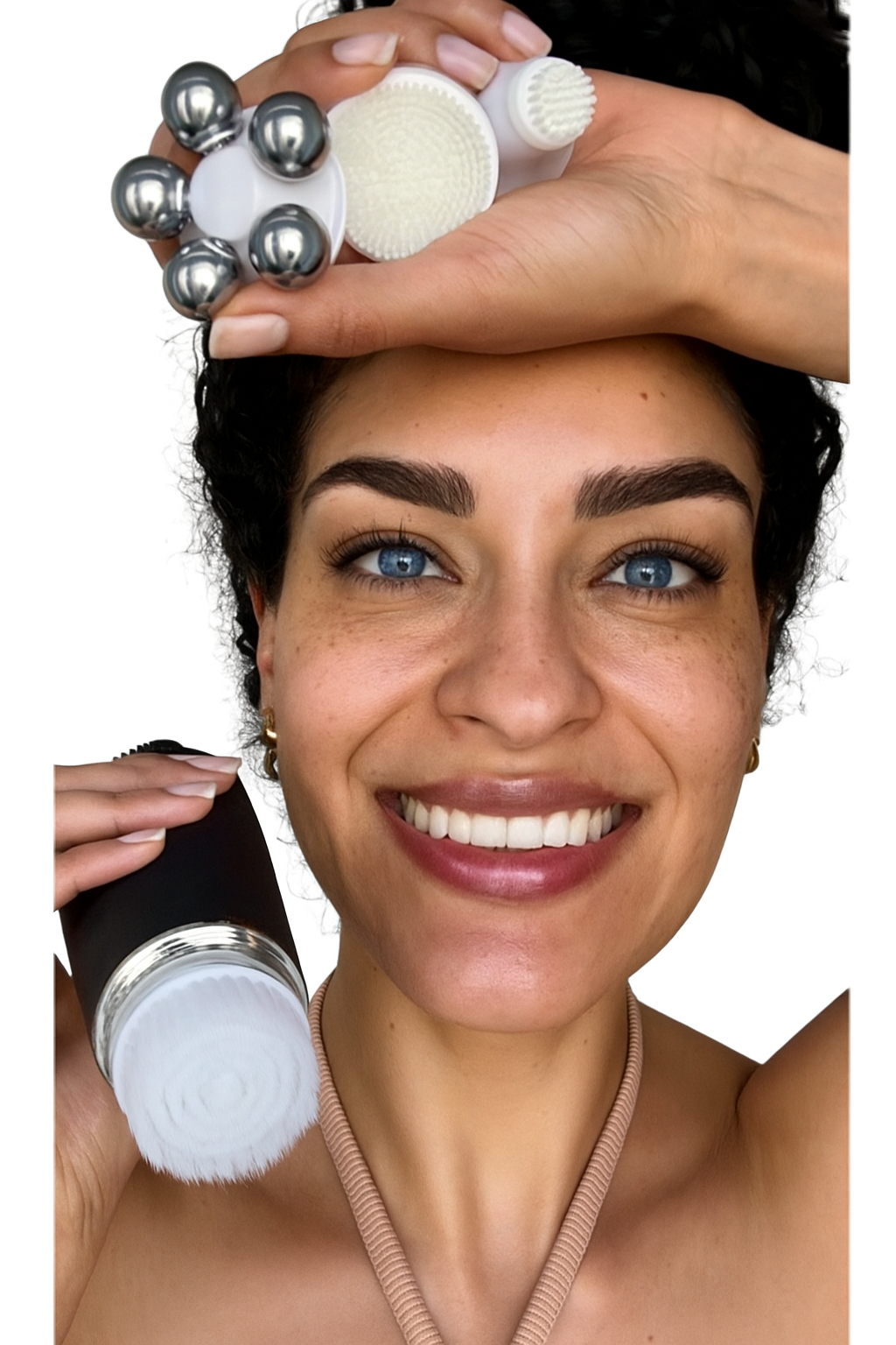 Woman holding Marcun GlowPulse silicone facial cleansing brush