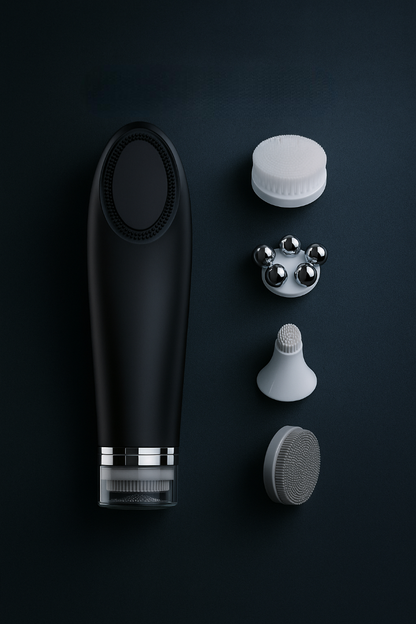 Black electronic device with interchangeable attachments on a dark background