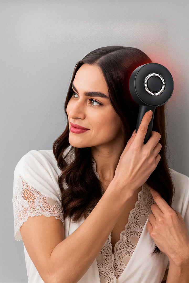 Woman using electric massager comb for hair care