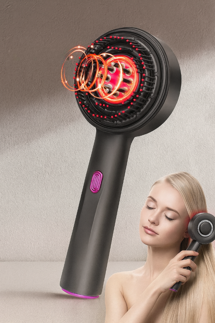 Electric massager comb in use on scalp