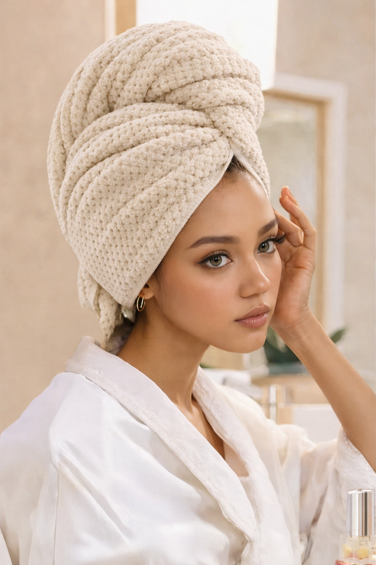 Woman wearing a beige knitted towel on her head in a bathroom setting
