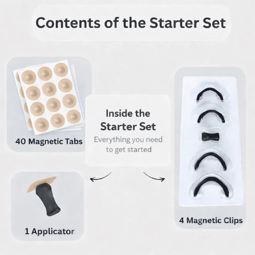 Contents of a starter set with magnetic tabs, clips, and applicator on a white background