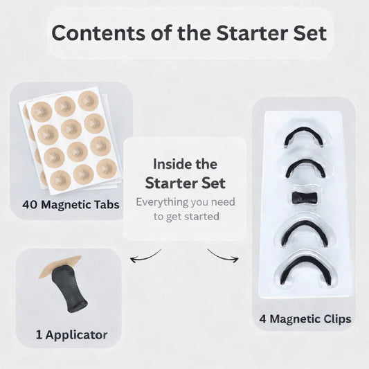 Contents of a starter set with magnetic tabs, clips, and applicator on a white background