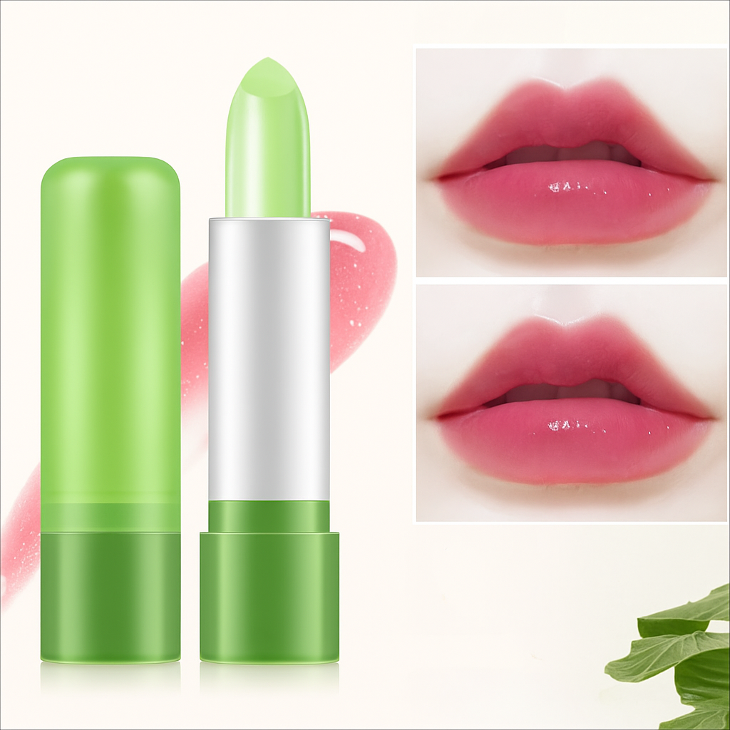 Green lipstick with close-up images of lips wearing the color.