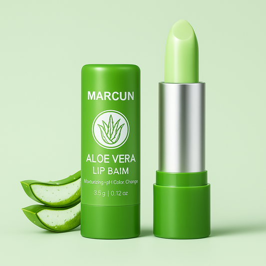 Green aloe vera lip balm with open lid on a light green background
