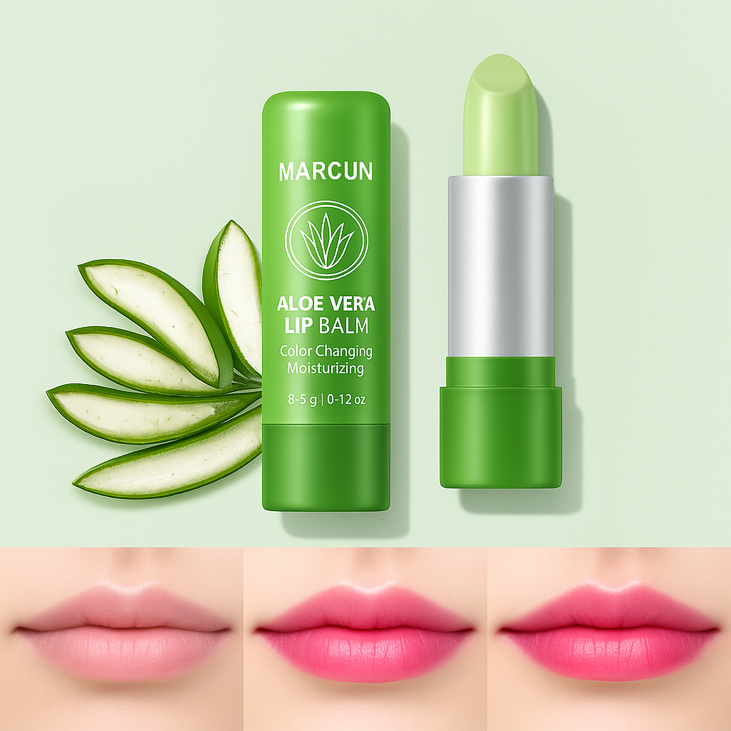 Green aloe vera lip balm with packaging and color-changing effect on lips.