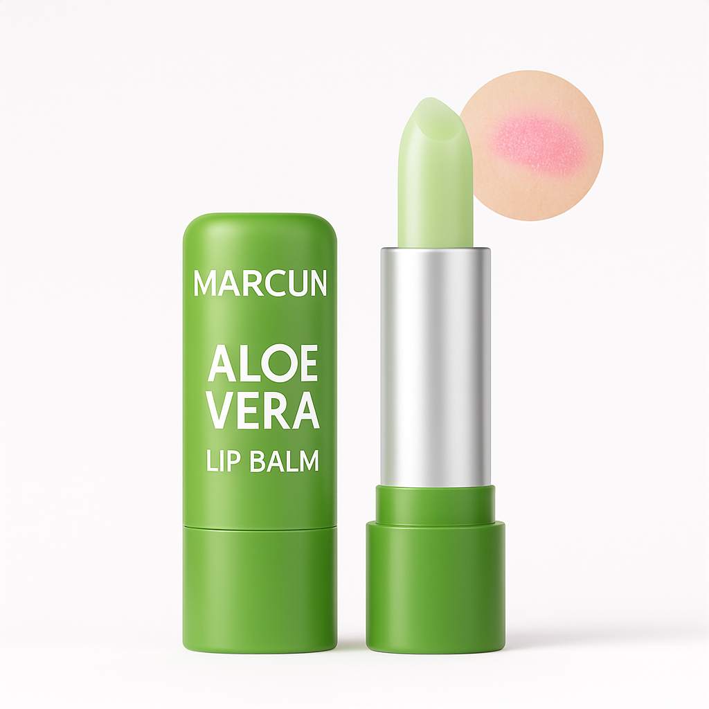 Green Marcun Aloe Vera lip balm with a pink smear on a white background