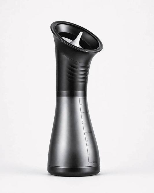 Black and silver handheld device on a white background