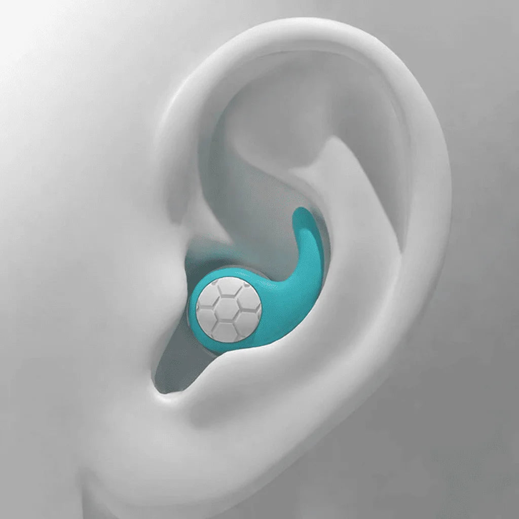 Turquoise and white wireless earbuds in an ear canal on a gray background