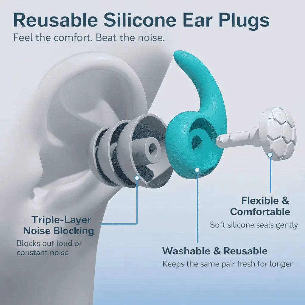 Reusable silicone ear plugs with text highlighting features on a light blue background