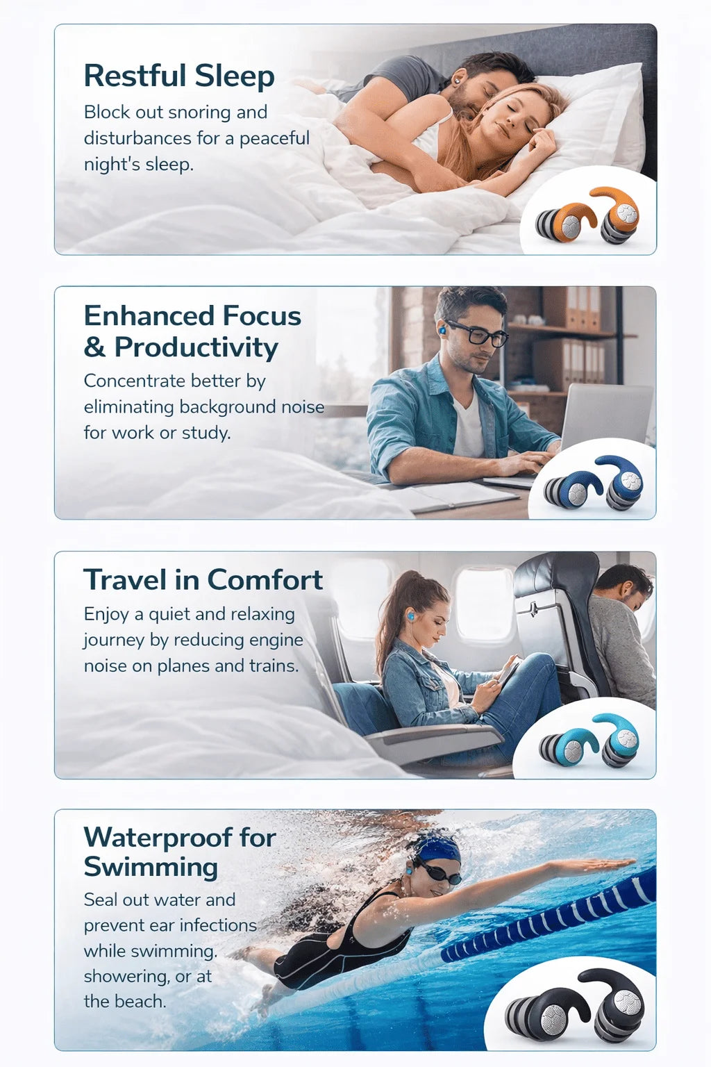 Advertisement for earplugs with text on benefits and images of people using them.