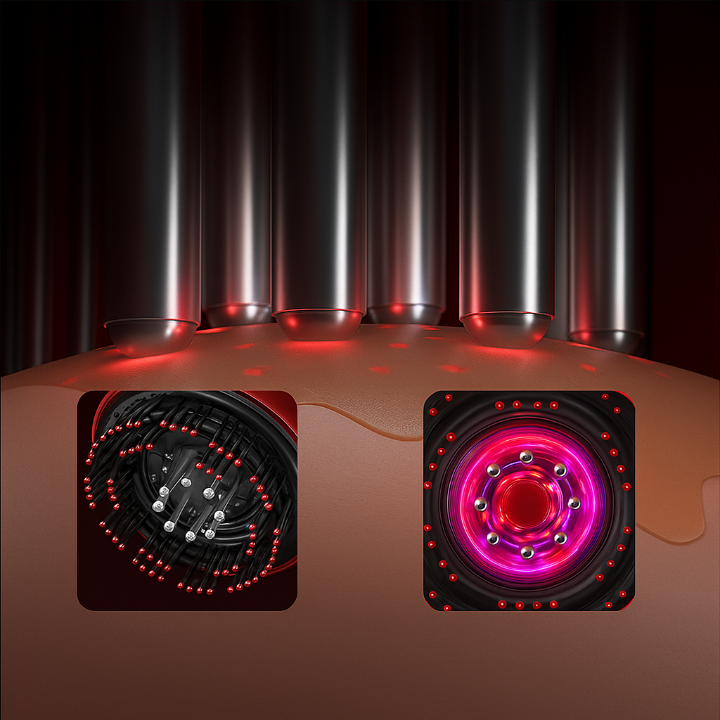 Close-up of a vehicle's exhaust system with glowing red components on a dark background.