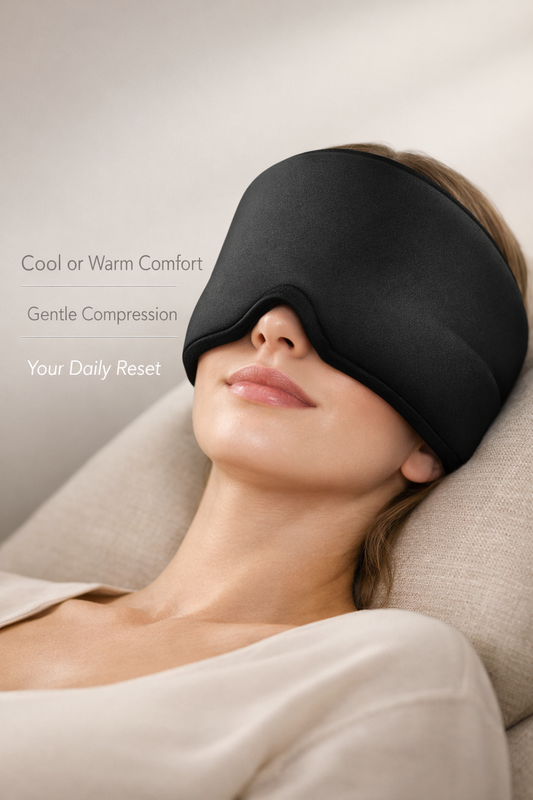 Woman wearing a black sleep mask with text about comfort and compression.