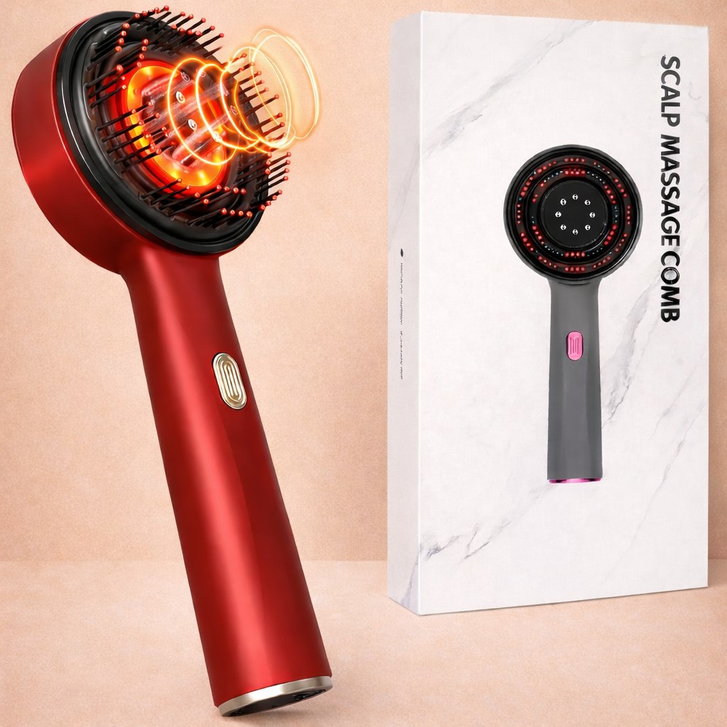 Scalp Spa Electric LED Massager Comb red version with product packaging

