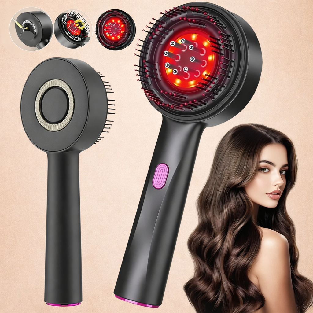 LED massager comb in use for scalp massage and hair care