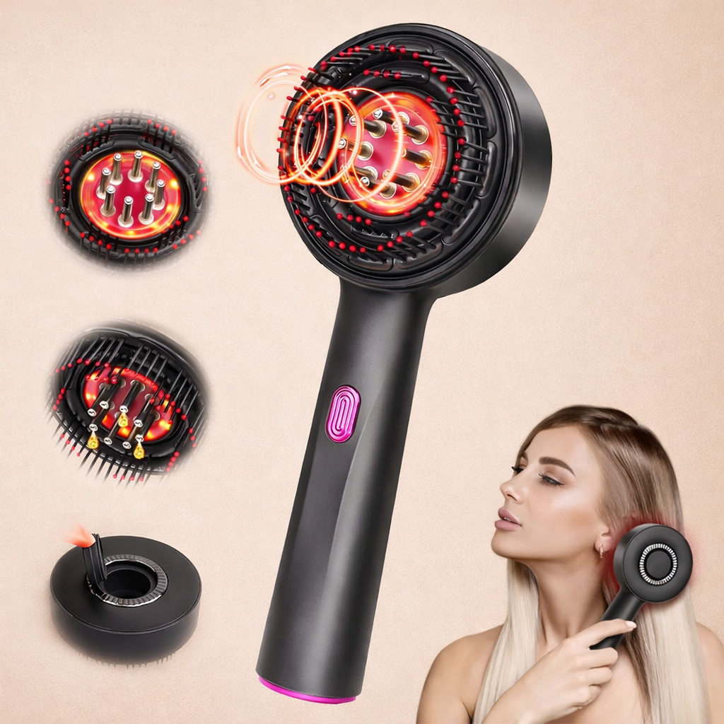 Electric LED massager comb with red light therapy and serum dispenser
