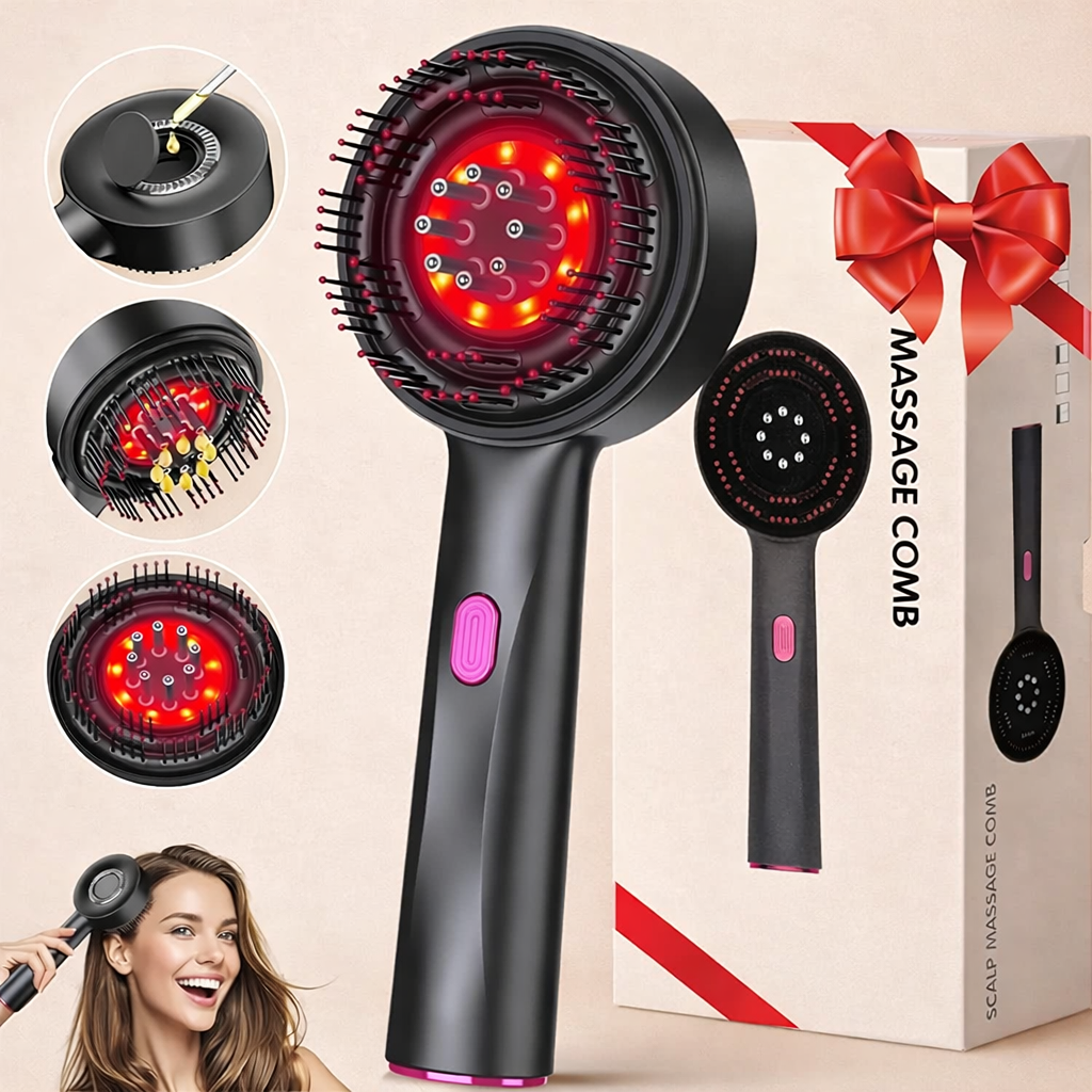 Massage comb with red lights and packaging on a beige background