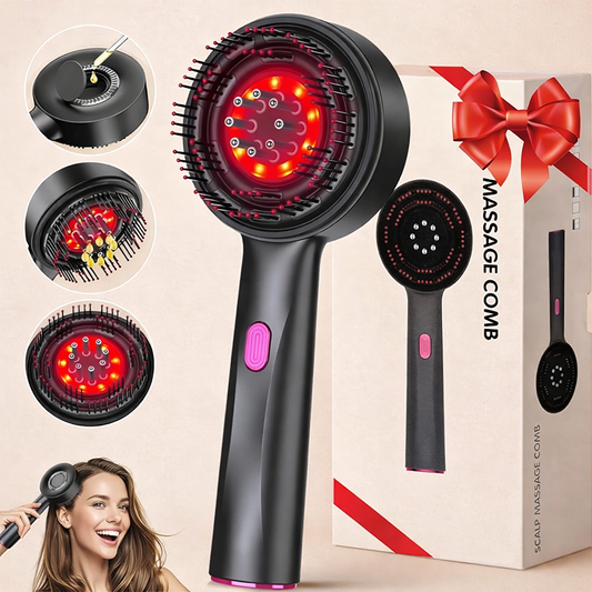 Massage comb with red lights and packaging on a beige background