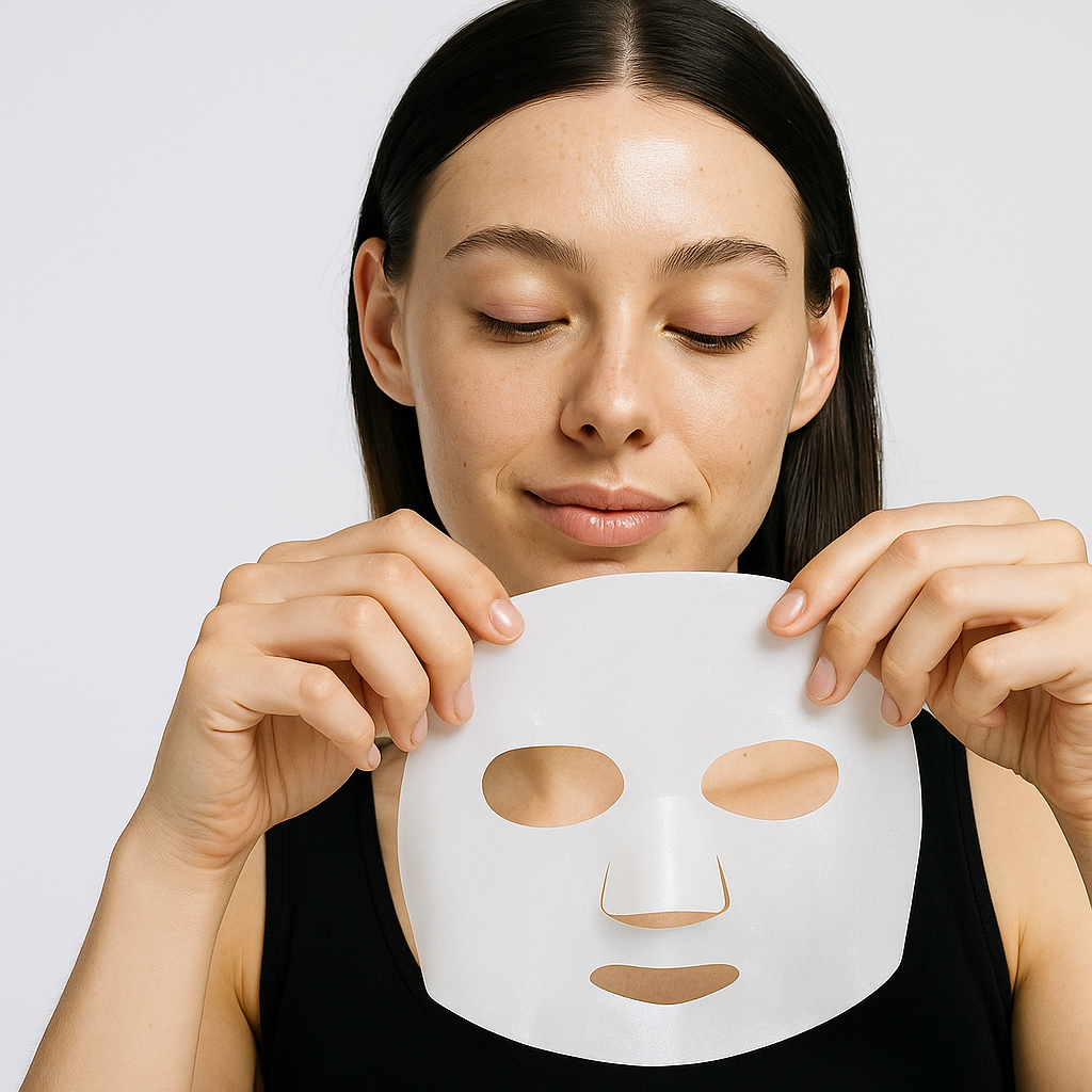 Woman holding a face mask with a plain background