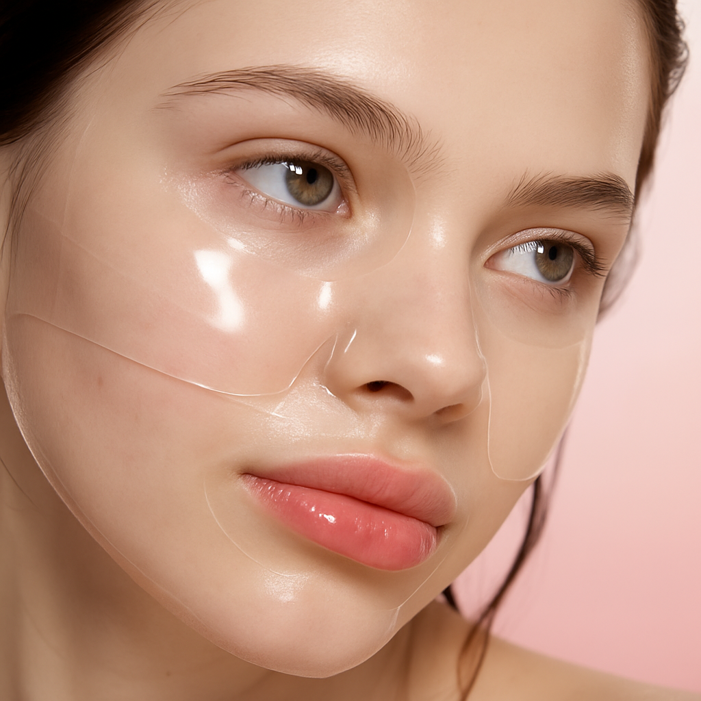 Close-up of a woman's face with clear patches on her skin against a pink background