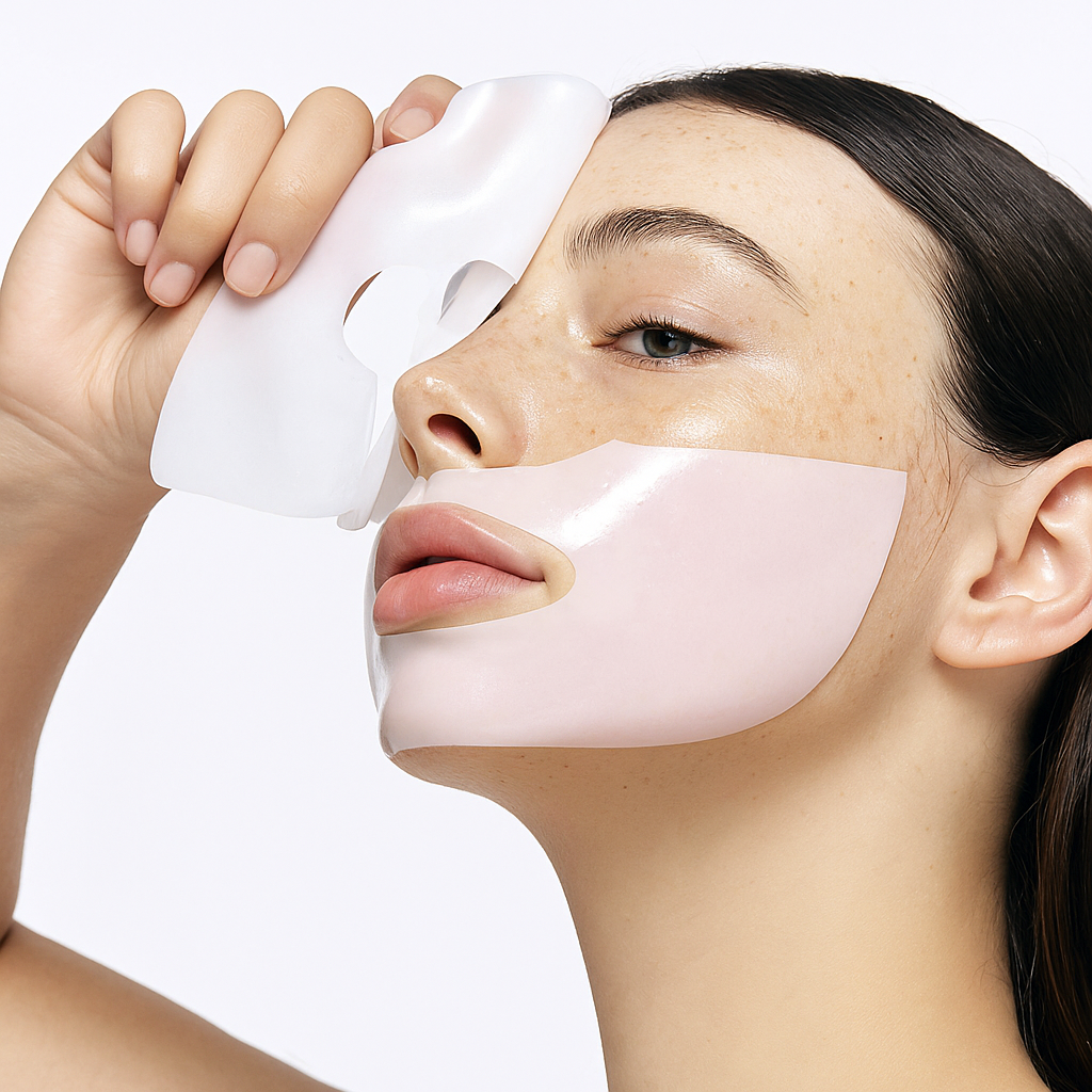 Woman applying a white face mask on a light background