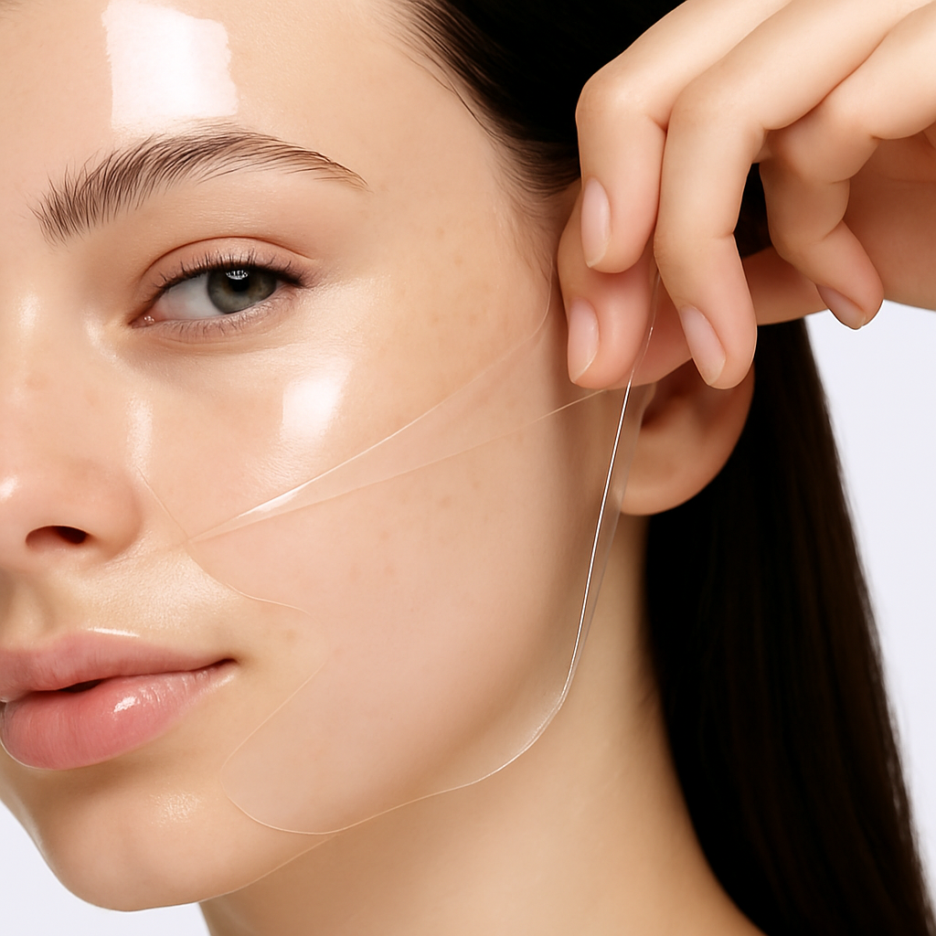 Close-up of a woman's face with a hand touching her hair, focusing on skin texture.