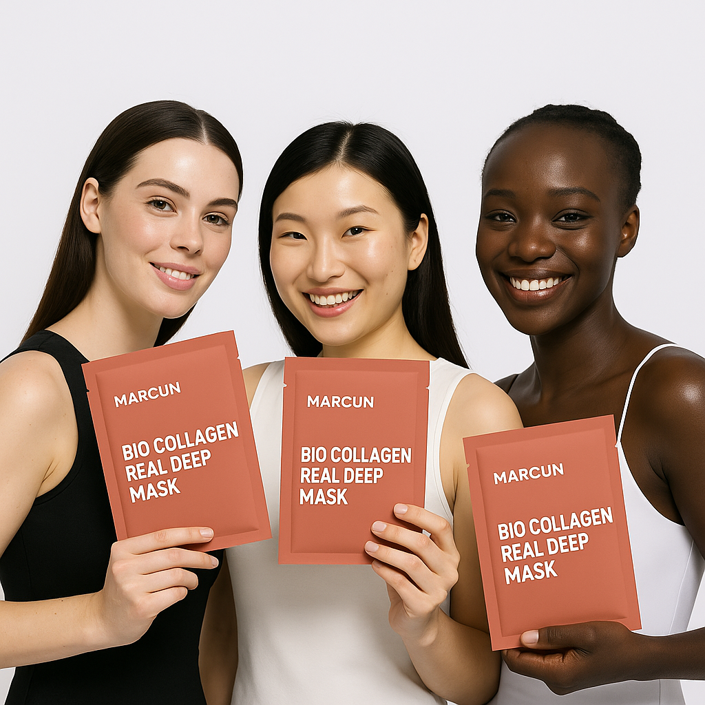 Three women holding MARCUN Bio Collagen Real Deep Mask against a white background