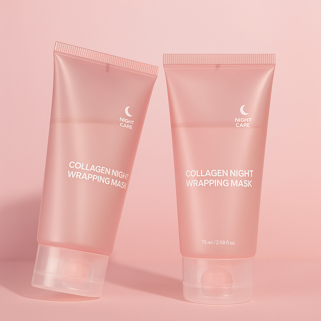 Two tubes of collagen night wrapping mask on a pink background