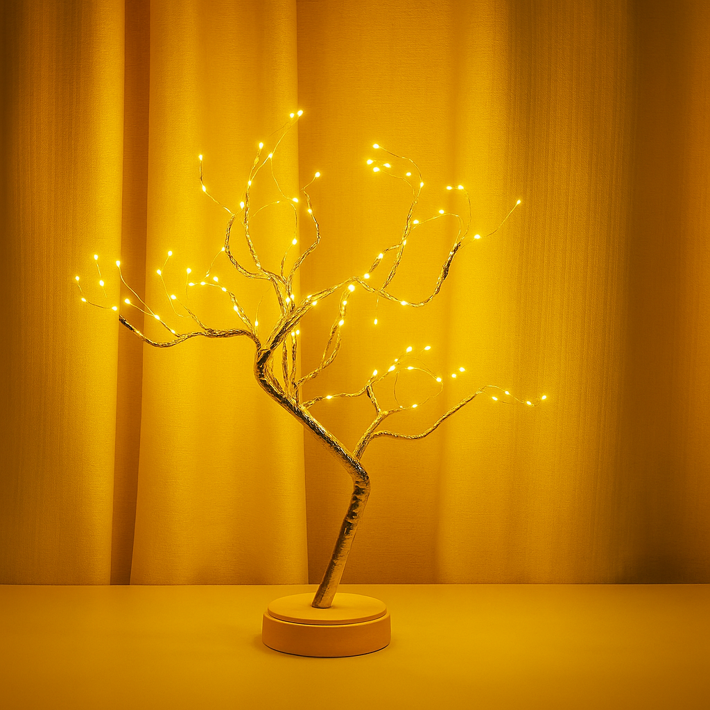 Decorative LED tree with lights on a yellow background