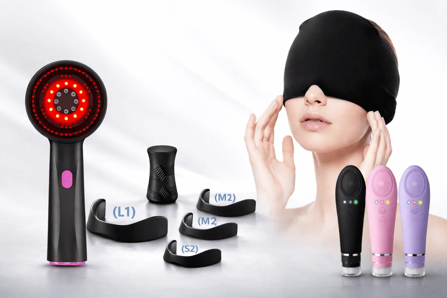 Woman using a black eye mask with various handheld devices on a white background