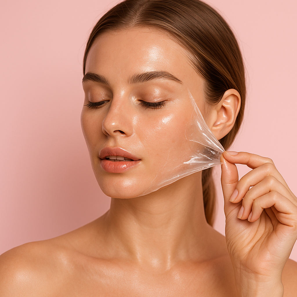 Woman gently peeling off collagen overnight face mask for refreshed skin