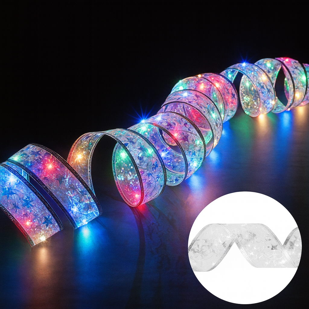 Colorful LED hoop with light-up goggles on a dark background