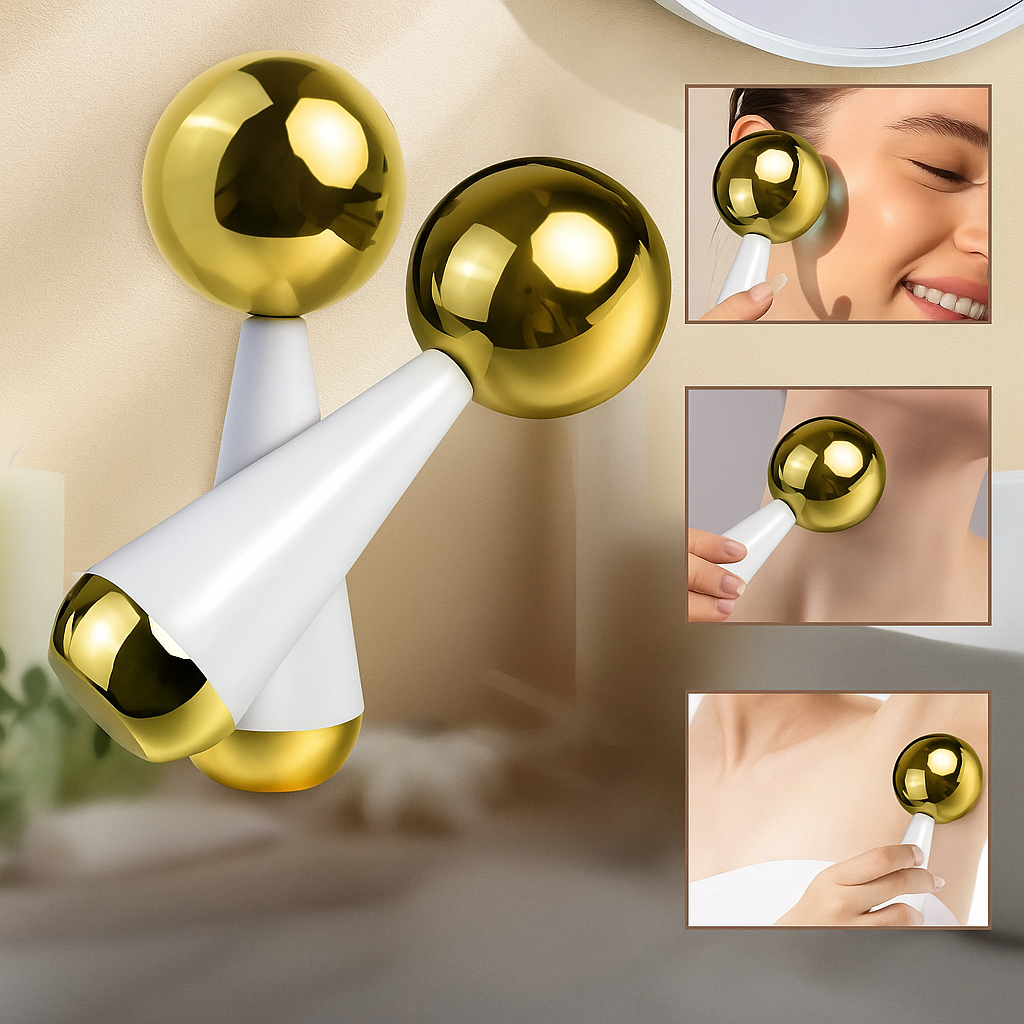 Beauty roller with gold and white design, shown in use on skin.