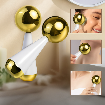 Beauty roller with gold and white design, shown in use on skin.