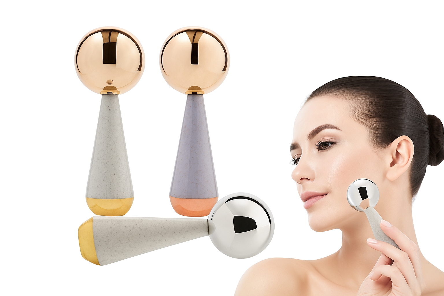 Two facial massagers with different color options and a woman using one of them.